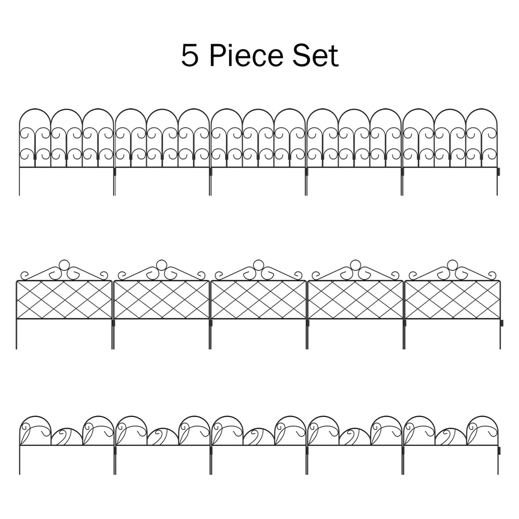 Metal Garden Fencing - Set of 5 Interlocking Panels for Flower Beds and Landscaping - Decorative Scroll Edging with Lawn Stakes by Pure Garden (Black)