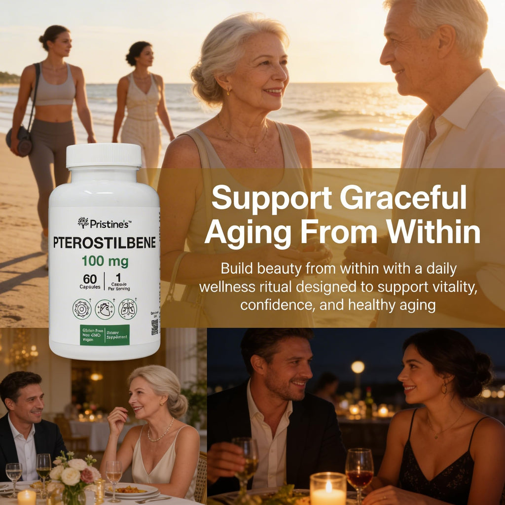 PRISTINE'S Pterostilbene 100mg Anti Aging Supplement Capsules - 60 Day Supply - Lung Health & Mental Clarity Antioxidant - High Bioavailability Vegan Non GMO
