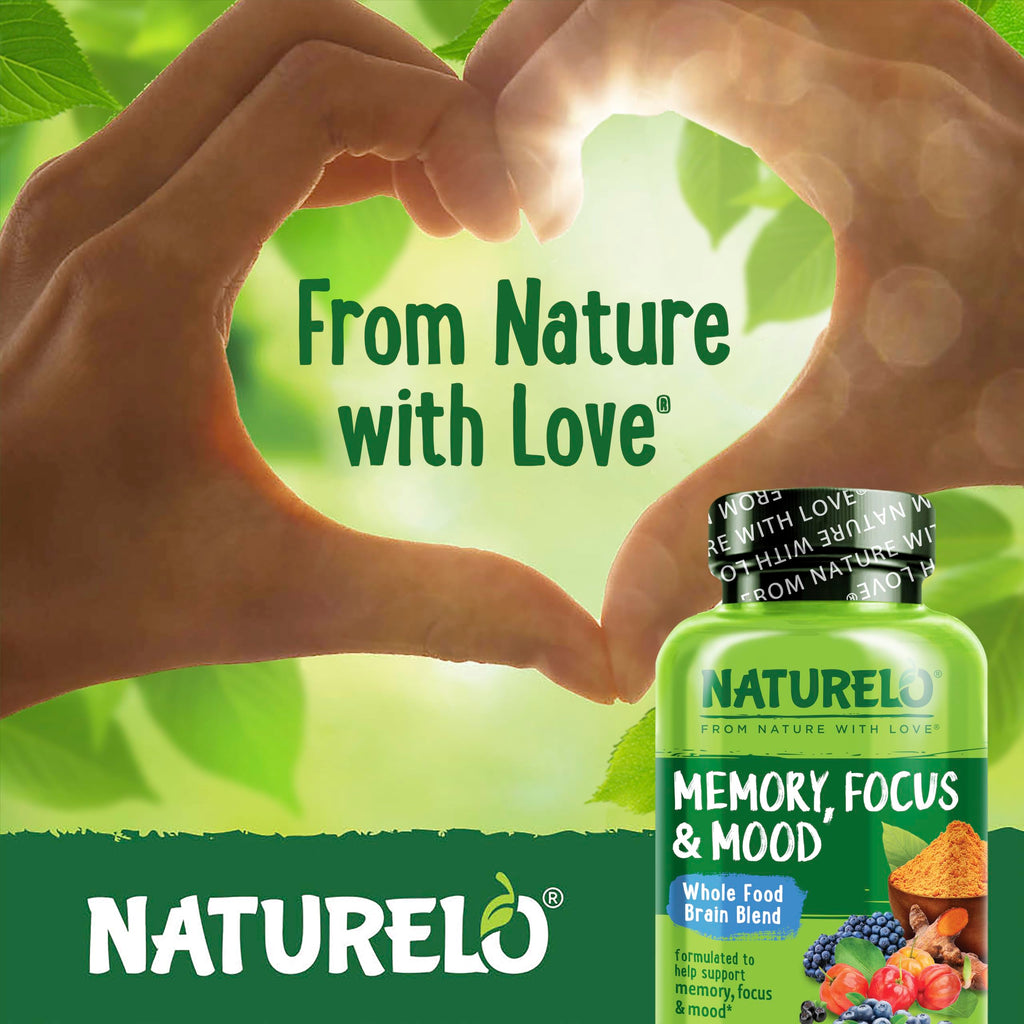 NATURELO Whole Food Brain Supplement - Brain Health Supplements for Memory & Focus Support - Enhance Brain Health Blend Supplement for Adults - 60 Vegetarian Capsules