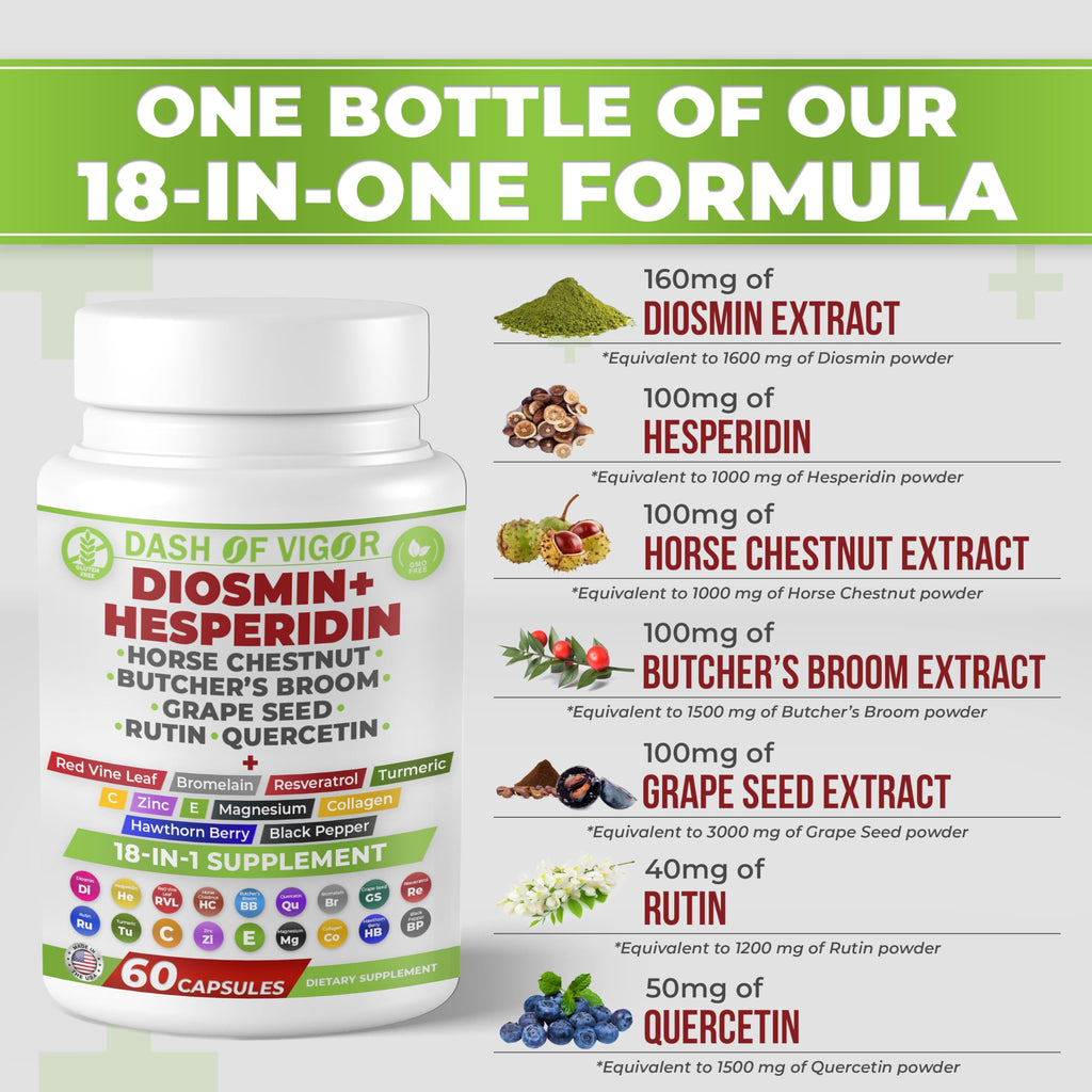 Dash of Vigor 18-in-1 Diosmin Hesperidin Supplement, Quercetin with Bromelain, Zinc, Vitamin C with Rutin Supplement, Horse Chestnut Extract, Butcher's Broom Extract, USA, 60 Capsules
