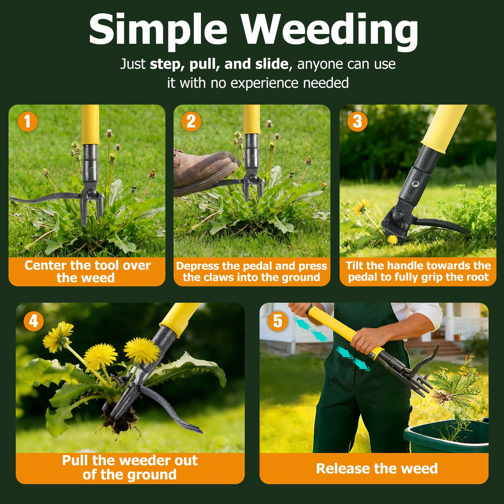Weed Puller Tool Stand Up with Slide-Release Ejection, Reinforced Steel Weeder with 3-Section Long Handle, No-Touch Cleaning for Lawn & Garden, Heavy Duty No Bend Weeding Tool for Dandelions, Thistles