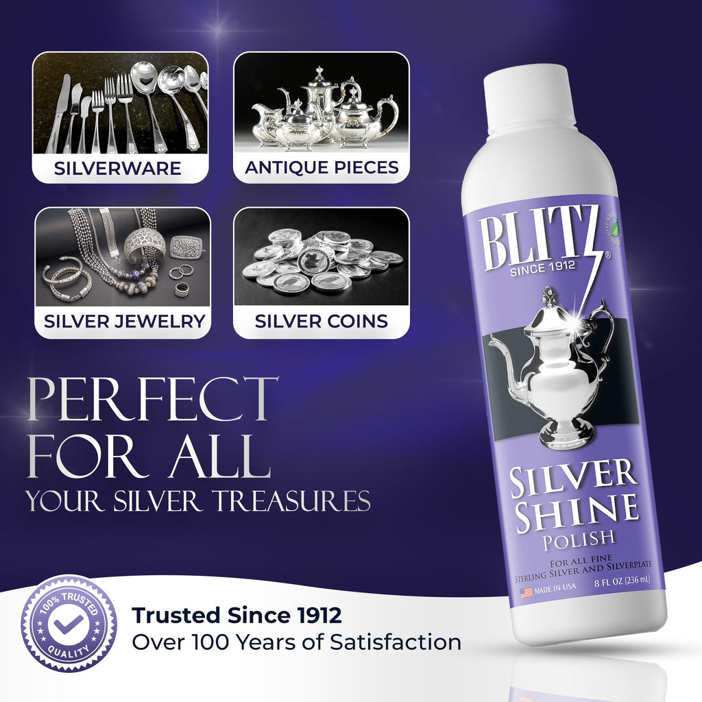 Blitz Silver Shine Polish Liquid Silver Polish for Sterling and Silverplate Jewelry, Dishes, Flatware, Fixtures, & Decor Non-Toxic, Non-Abrasive, & Planet Friendly Made in The USA 8oz Pack of 2