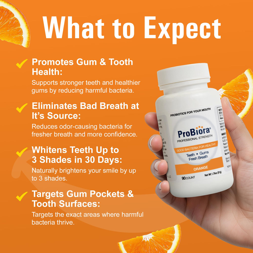 ProBiora Professional Strength Oral Probiotics for Teeth and Gums | Dental Probiotic for Oral Health | Bad Breath Treatment for Adults | Tooth Whitening | ProBiora3 Probiotic Blend | 90 Orange Tablets