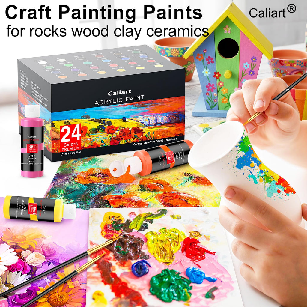 Caliart 24 Colors Acrylic Paint Set with 12 Brushes