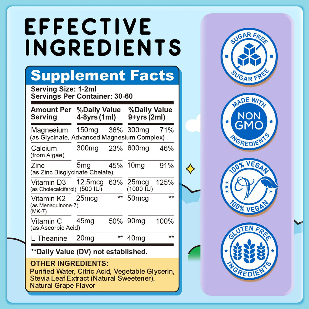 (2 Pack) Magnesium Glycinate Liquid for Kids, Kids Magnesium Liquid Drops Supplement with L-Theanine, Calcium, Zinc, Vitamin D3 K2 for Sleep Calm Relaxation Brain Bones Focus, Grape Flavor 4 Fl Oz