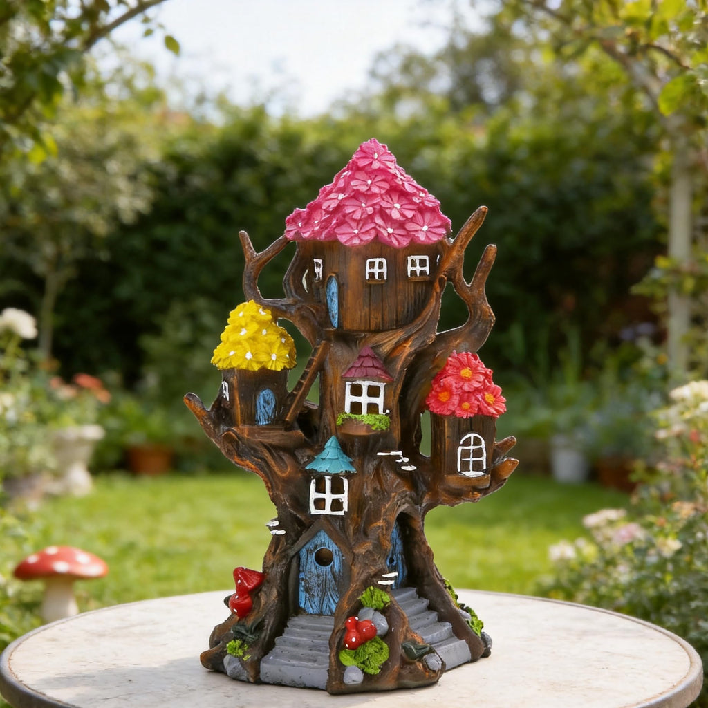 BLBYHO Solar Fairy House 11.8” Tall Fairy Garden House for Outside, Large Fairy Garden Treehouse Accessories Outdoor, Gnome House Garden Statue Fairy Tree House, for Home, Yard, Balcony Decor