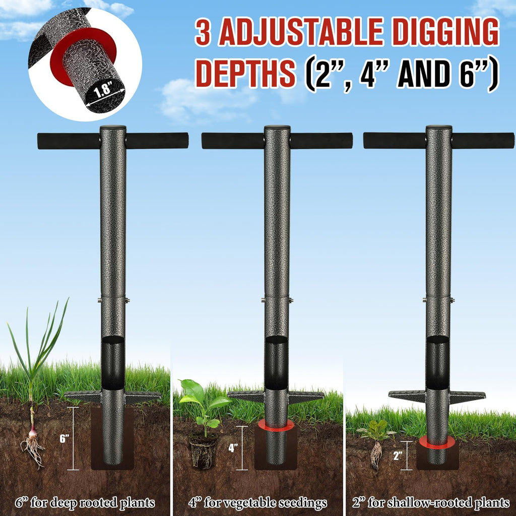 DIOVPLX Bulb Planter Tool, 33.5" Long Handle Sod Plugger for Standing Planting, 2"/4"/6" Adjustable Depth Garden Hole Digger, Heavy Duty Auto Eject Lawn Plugger for Flower Bulbs,Grass Plugs,Seedlings