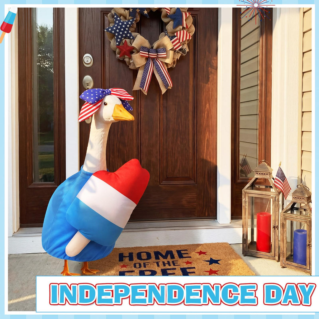 SilTriangle 4th of July Porch Goose Outfit Patriotic Pillow Design with Top Hat for 23" Lawn Cement Goose Independence Day Garden Patio Yard Outdoor Decorations(Ice Lolly)