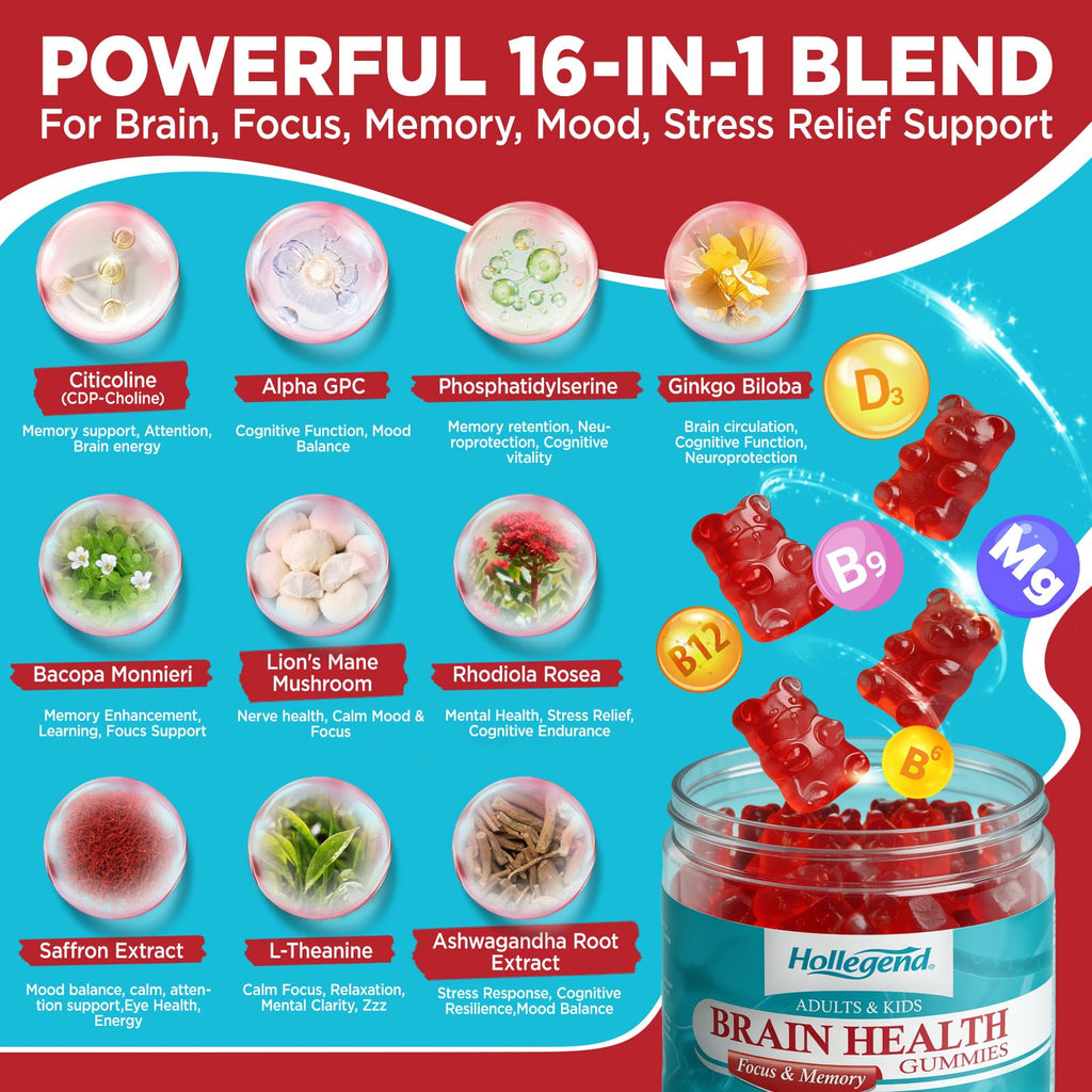 HOLLEGEND Brain Supplement Gummies, Choline + Phosphatidylserine + Lion’s Mane & Vitamins,16-in-1 Brain Supplement for Memory and Focus Support, Adults & Kids, Vegan, Sugar Free, Organic, 60 Chewables