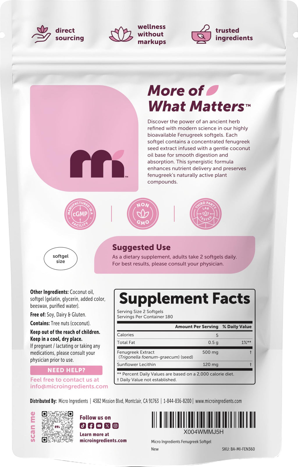 Micro Ingredients Fenugreek with Sunflower Lecithin, 360 Softgels, 6 Month Supply | Fenugreek Seed Extract for Breastfeeding & Lactation Support* | Made with Coconut Oil | Non-GMO