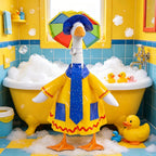 yuboo 23-Inch Porch Goose Raincoat Outfit - Summer Yellow Goose Clothes with Blue Pockets & Red Trim,Rainbow Umbrella Hat, Blue Sun Hat & Polka Dot Tie - Funny Garden Decor for Lawn & Yard