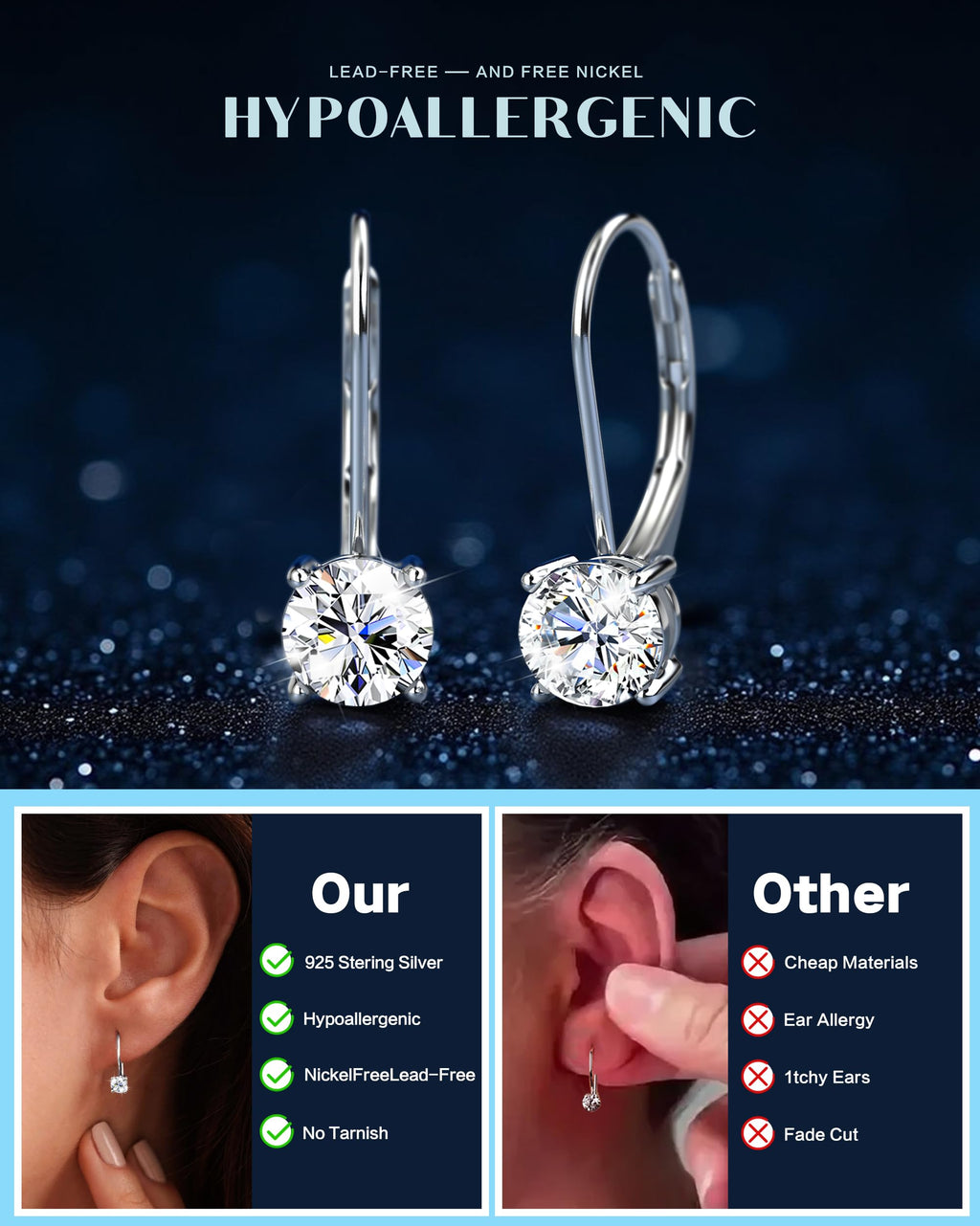 Moissanite Earrings, D Color Sterling Silver Dangle Drop Earrings for Women
