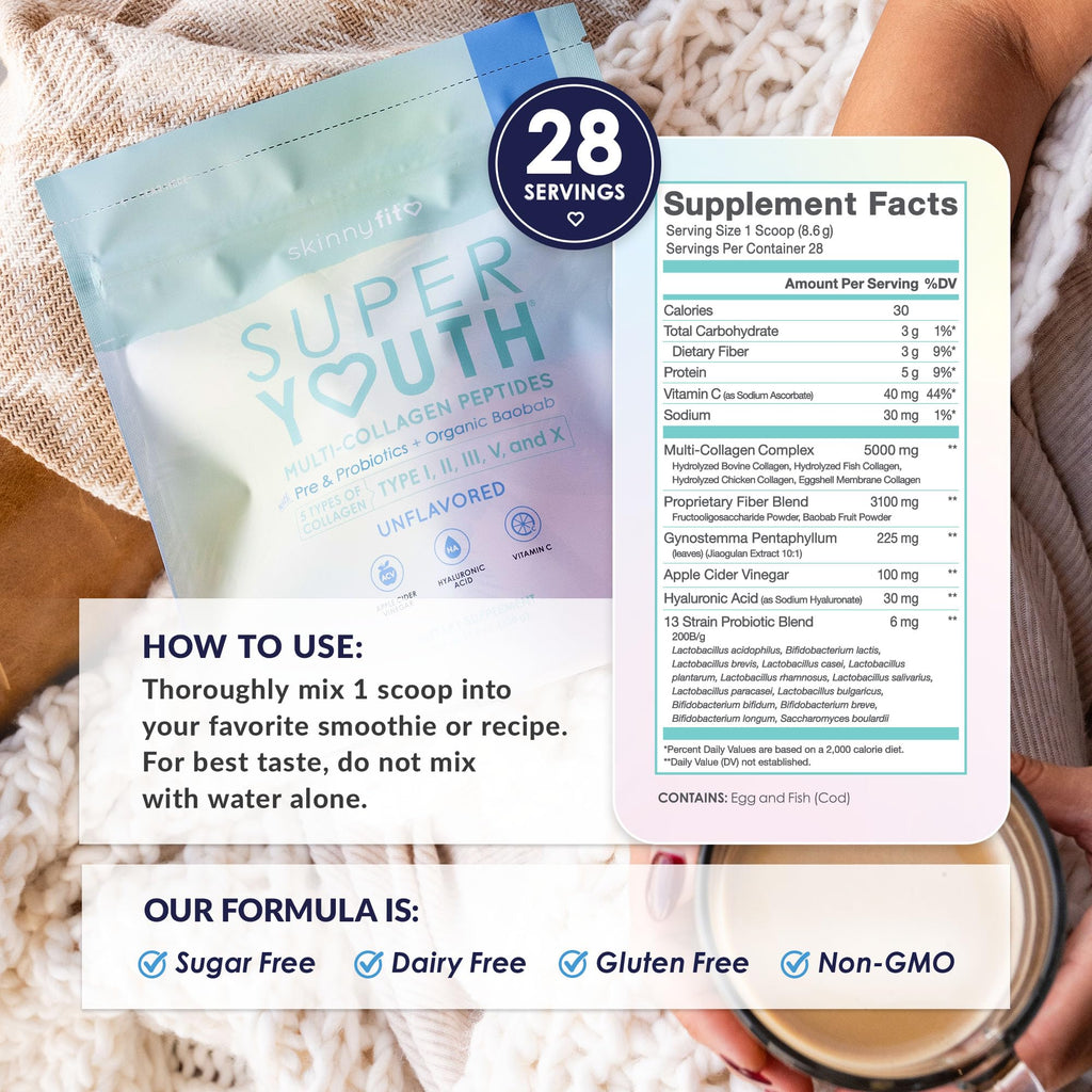 SkinnyFit - Super Youth Collagen for Women - Multi Collagen Peptides Powder - Probiotics, Fiber, Hyaluronic Acid - Non GMO, Gluten Free, Sugar Free - Beauty & Self Care - Unflavored (28 Servings)