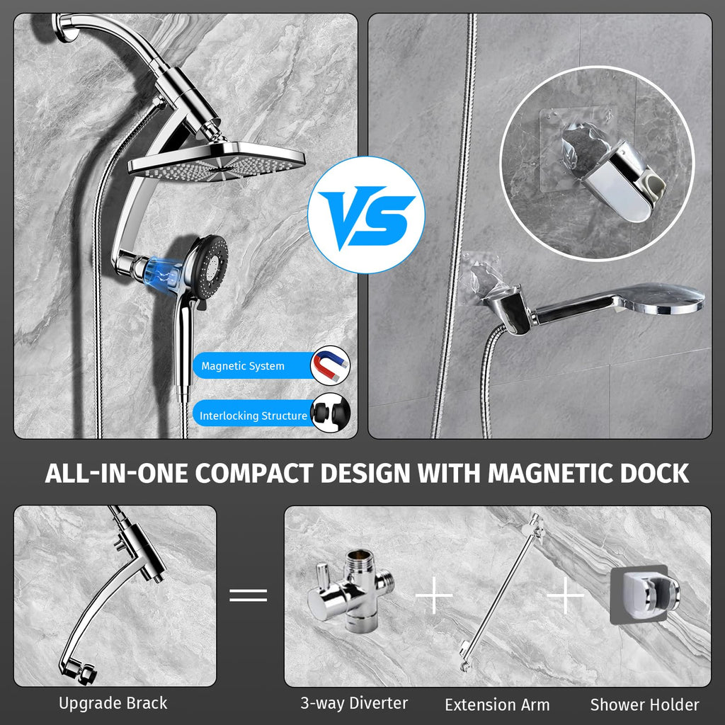 11.8'' High Pressure Rain Shower Head Combo, Upgrade Shower Heads with 9 Sprays Handheld Shower, Adjustable Detachable Dual Showerheads Built-in Magnetic Docking & Power Jets, Bathroom Decor, Chrome