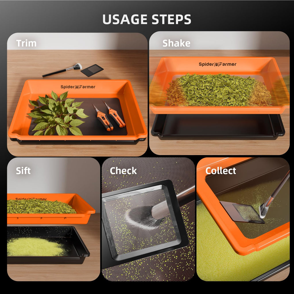 Spider Farmer Trim Tray Kit with Trimming Tray, 150 Micron Precision Screen, Bottom Harvest Bin, Scissors, Brush & Magnifying Card – Collect Pollen and Fine Plant Material