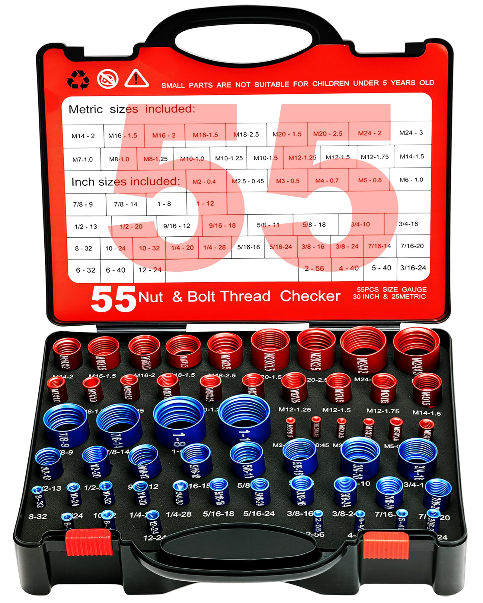 55 Pcs Nut and Bolt Thread Checker (25 Metric & 30 Standard), Bolts and Nut Identifier Thread Gauge, Detachable Bolt Size Finder Especially for Tight Spaces