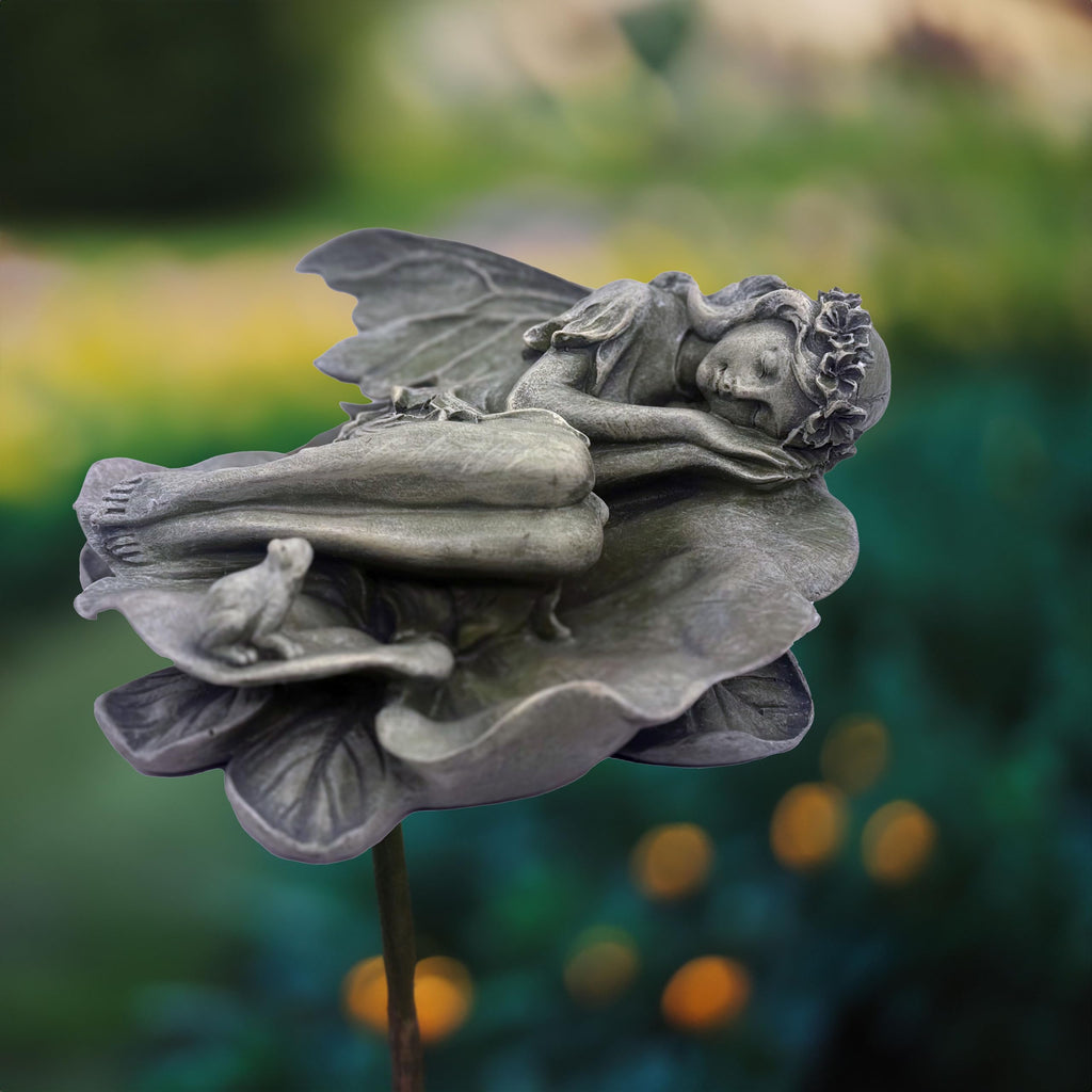 hvfun Garden Fairy Statue,Garden Sleeping Angel on Lotus Leaf with Bird Feeder Feature Outdoor Decor Sculptures Figurine Gardening Lawn