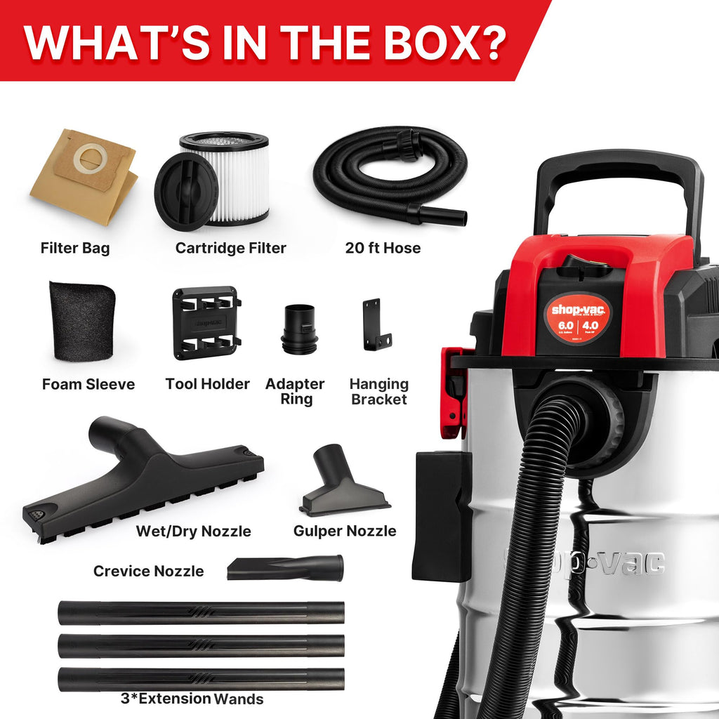 Shop-Vac 6 Gallon 4.0 Peak HP Wet/Dry Vacuum, Wall Mountable Shop Vacuum