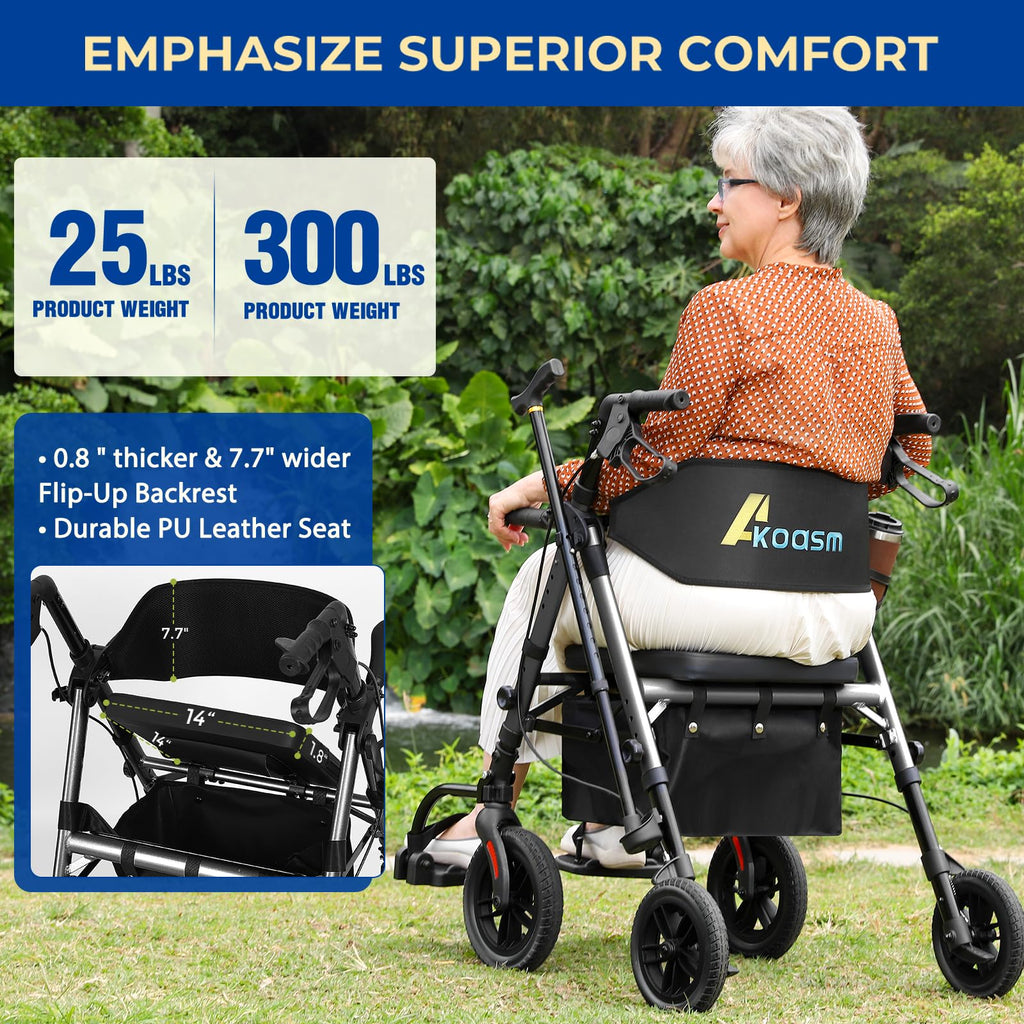 Foldable Rollator Walker for Seniors with Seat, Lightweight 2 in 1 Rolling Walkers Wheelchair Combo for Adult, Transport Chair with Brakes, Adjustable Seat and Handle, 300 Lb, Steel Grey