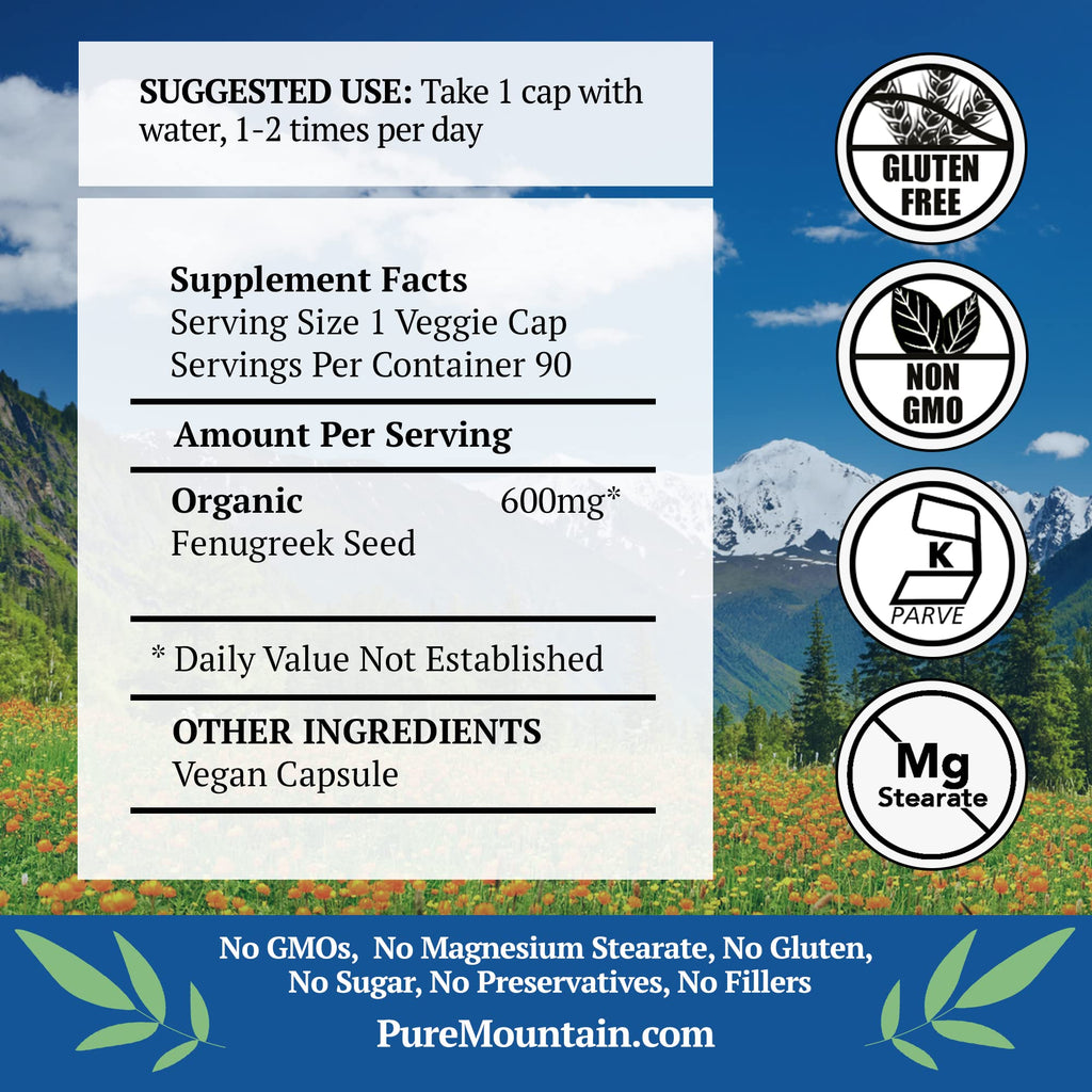 Pure Mountain Botanicals Fenugreek Capsules 600mg Organic - 90 Vegan Kosher Caps - Fenugreek Seed Supplement for Women and Men - Non-GMO Gluten Free - Fenogreco