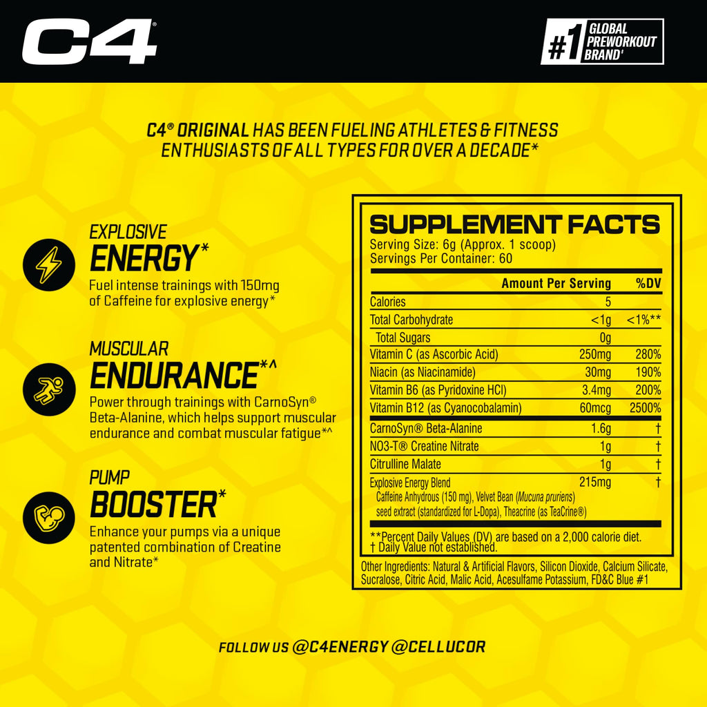 C4 Original Pre Workout Powder Icy Blue Razz - Vitamin C for Immune Support - Zero Sugar Preworkout Energy for Men & Women - 150mg Caffeine Plus Beta Alanine Plus Creatine - 60 Servings