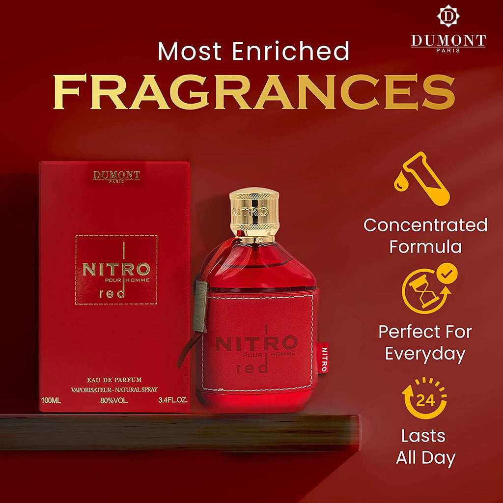 Dumont Nitro Red 3.4 Fl Oz Eau De Parfum for Men – Rich Fruity Woody Floral Fragrance – Luxurious Long Lasting Scent
