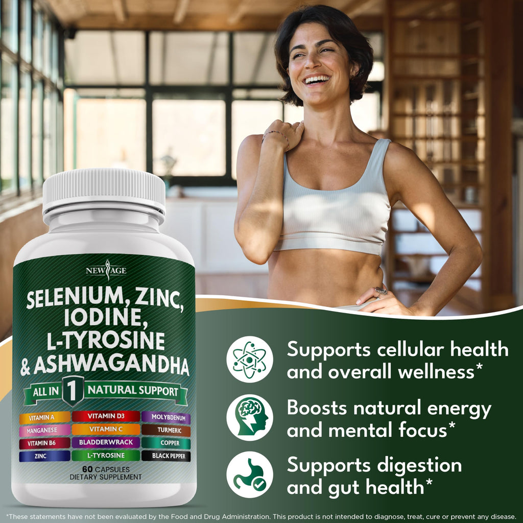 NEW AGE Selenium, Zinc, Iodine, L Tyrosine, Ashwagandha - Supplement for Women and Men with Bladderwrack, Turmeric, Silica Kelp, Schisandra - 120 Count