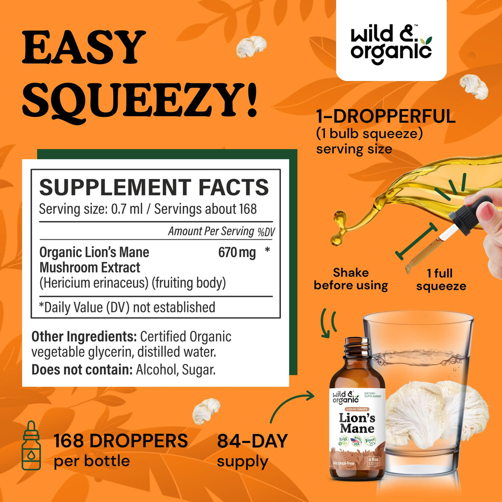 Wild & Organic Lions Mane Liquid Drops - Brain & Focus Support - 84-Day Supply - Lion's Mane Mushroom Supplement - Hericium Erinaceus Mushroom Drops - Sugar & Alcohol-Free Extract Tincture - 4 fl oz