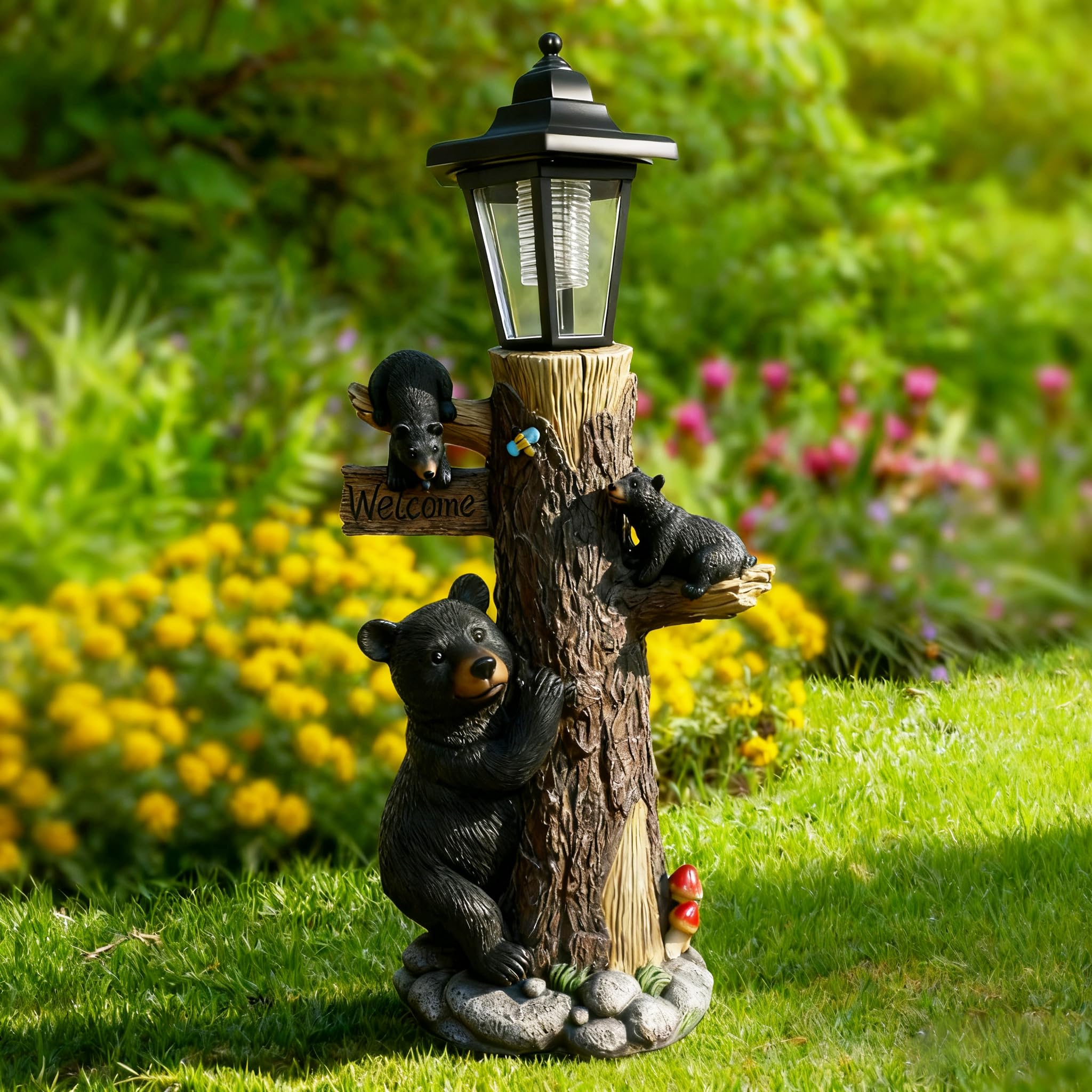 Oritty 19 Inches Bear Statue Welcome Sign Garden Statue with Solar Lights