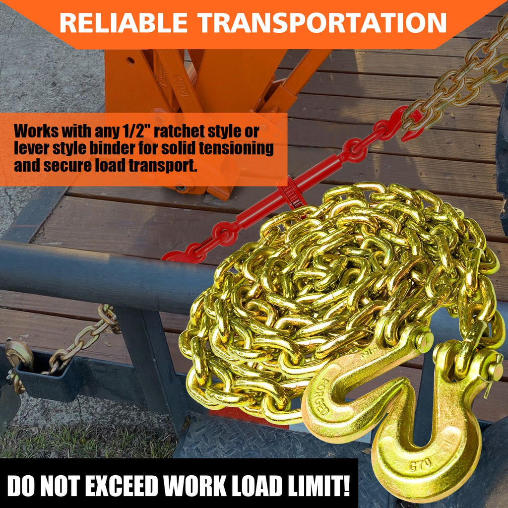 YATOINTO G80 Transport Binder Chain 1/2 Inch x 20 Foot Safety/Binder Chain with Clevis Grab Hooks 12,000 lbs Safe Working Load Logging Chain for Transporting Towing Tie Down Binding Equipment