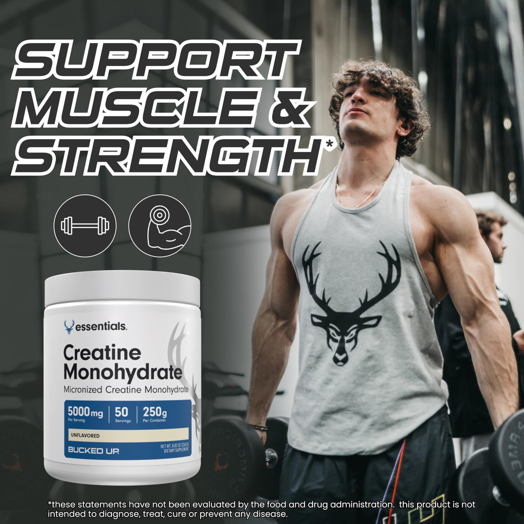 Bucked Up Pure Micronized Creatine Monohydrate for Women and Men - Easy to Mix and Unflavored - 5G Per Serving - 50 Servings - 250 Grams Per Container