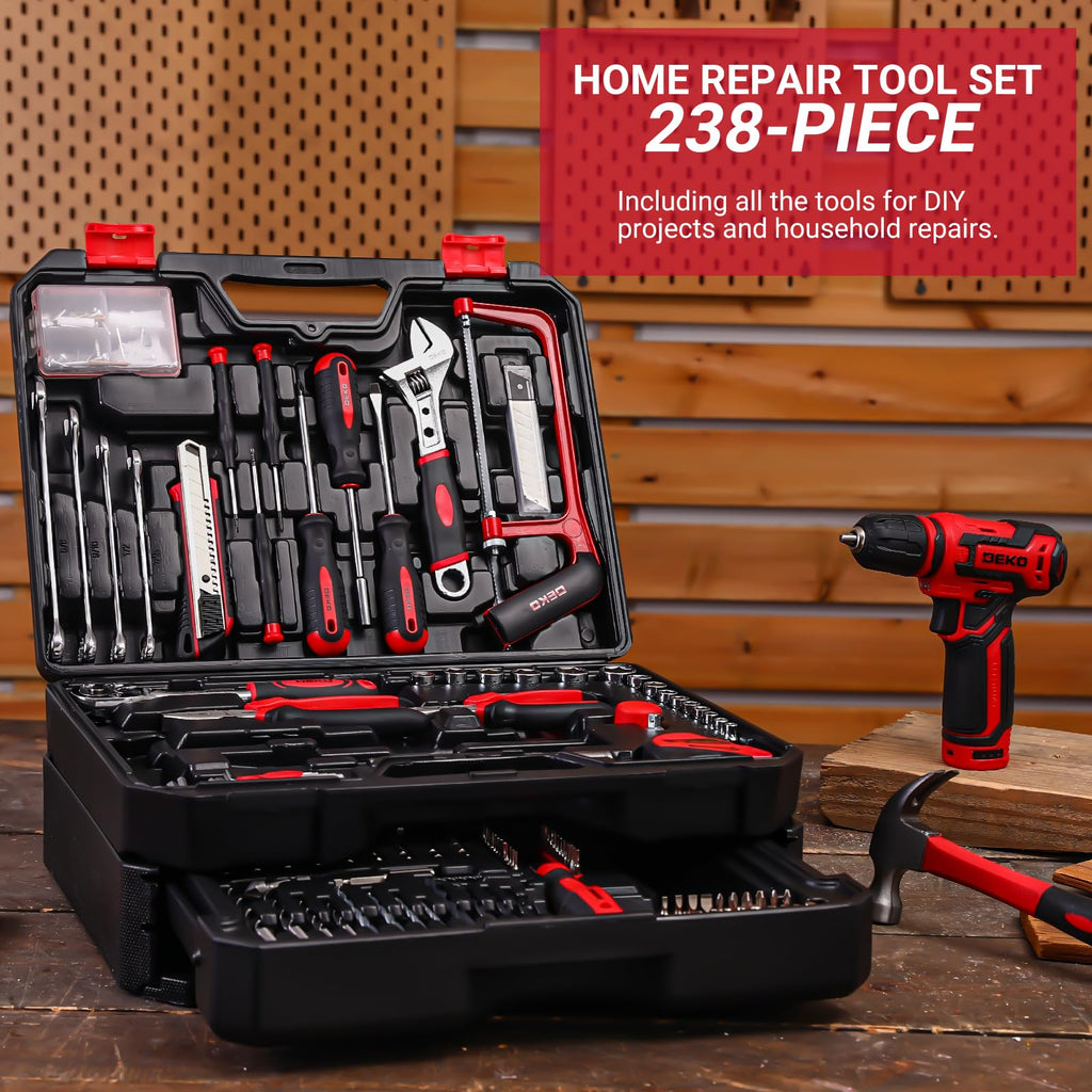 Drill Tool Set：Tool Kit with 12V Power Cordless Drill Hand Repair Tools Box with Drill, Home Tool Kits for Men & Women, Hand Drill Set Perfect for Homeowner, Diyer, Handyman - Red