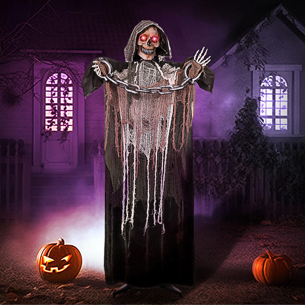 JOYIN Halloween Decorations Outdoor Life Size Animatronics Grim Reaper with Chain, Sound-Actived Party Decor with Creepy Sound, Scary Haunted House Props for Garden Yard Lawn