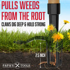 Papa's Tools One-Piece Weed Puller Tool - Stand Up Weeder, Heavy Duty Long Wooden Handle, Real Bamboo, 4-Claw Steel Head