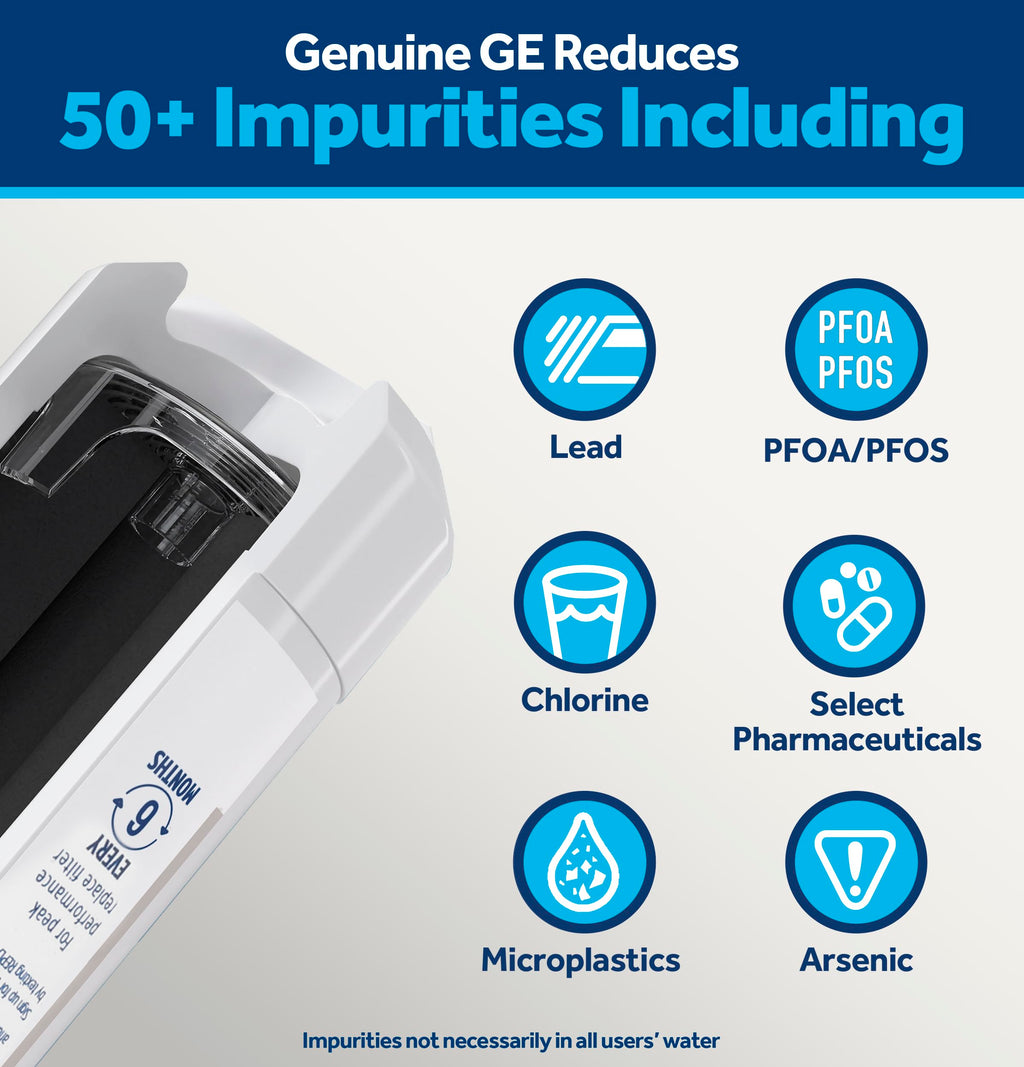 GE XWFE Refrigerator Water Filter, Genuine Replacement Filter, Certified to Reduce Lead, Sulfur, and 50+ Other Impurities, Replace Every 6 Months for Best Results, Pack of 1