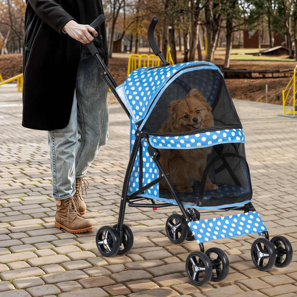 Magshion Compact Pet Stroller for Small-Medium Dogs/Cats up to 22lbs, 4-Wheel Lightweight Umbrella Shaped Portable Puppy Travel Jogger with Breathable Mesh & Rear Storage, Sky Blue Polka Dots