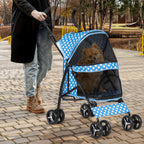 Magshion Compact Pet Stroller for Small-Medium Dogs/Cats up to 22lbs, 4-Wheel Lightweight Umbrella Shaped Portable Puppy Travel Jogger with Breathable Mesh & Rear Storage, Sky Blue Polka Dots
