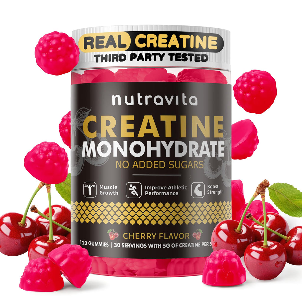 Nutravita NSF Certified Creatine Gummy - Creatine Monohydrate Gummies for Men & Women-5g of Creatine Monohydrate per Serving - Sugar Free,Vegan, Cherry Flavor, 120 Count