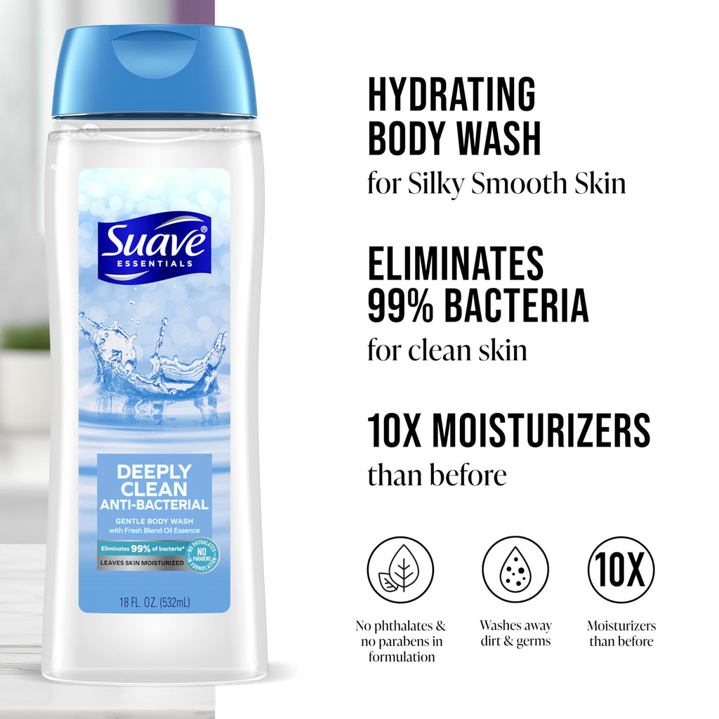 Suave Deeply Clean Antibacterial Body Wash with Glycerin & Vitamin E, Moisturizing Skin Cleanser For Soft, Smooth Skin, Long Lasting Scent, Paraben Free, 18 FL OZ, 6 Count