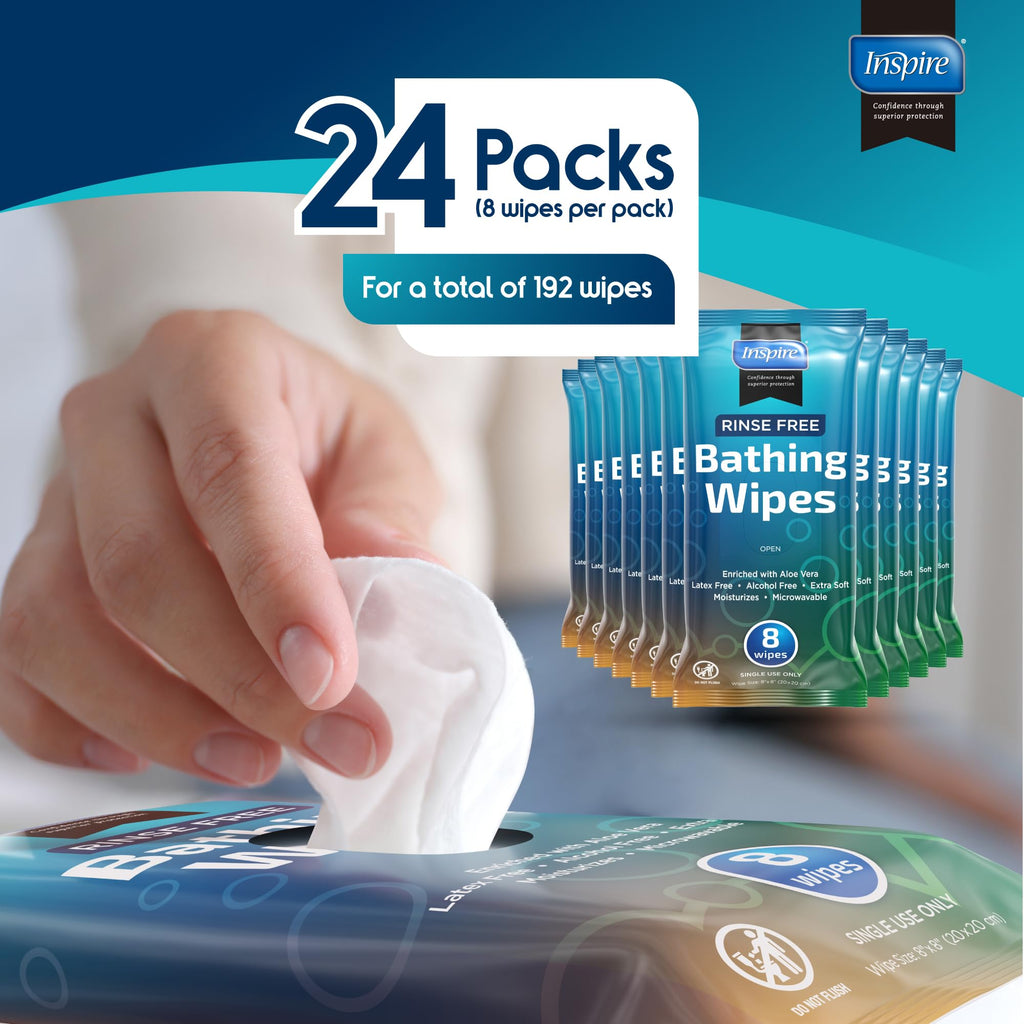 Body Wipes for adults bathing Rinse Free | Adult Wash Cloths Extra Large, Bathing Wipes for Incontinence, 8"x 8" In (192 count Bulk Pack) | By Inspire