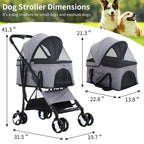 BLKMTY Dog Stroller 3-in-1 Folding Pet Strollers Cat 4 Wheels w/Storage Basket Dog Carrier Trolley One-Button Switch Travel Stroller with Safety Belt Detachable Carrier, Grey