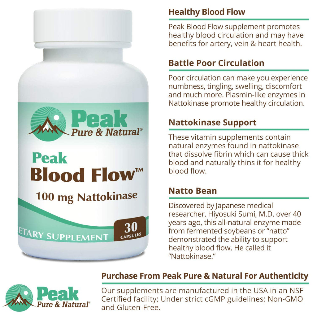 Peak Pure & Natural Peak Blood Flow - Nattokinase Supplement - Healthy Blood Circulation Supplements for Adults | 100mg - 30 Capsules
