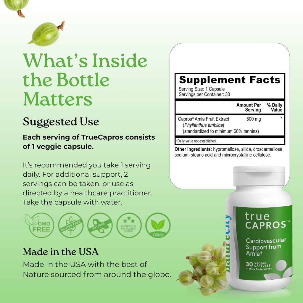 NatureCity True-Capros Amla Fruit Extract Supplement Polyphenol Antioxidant Power Supports Cardiovascular Heart Health (30 Veggie Capsules) Non-GMO Vegan Friendly and Soy Free