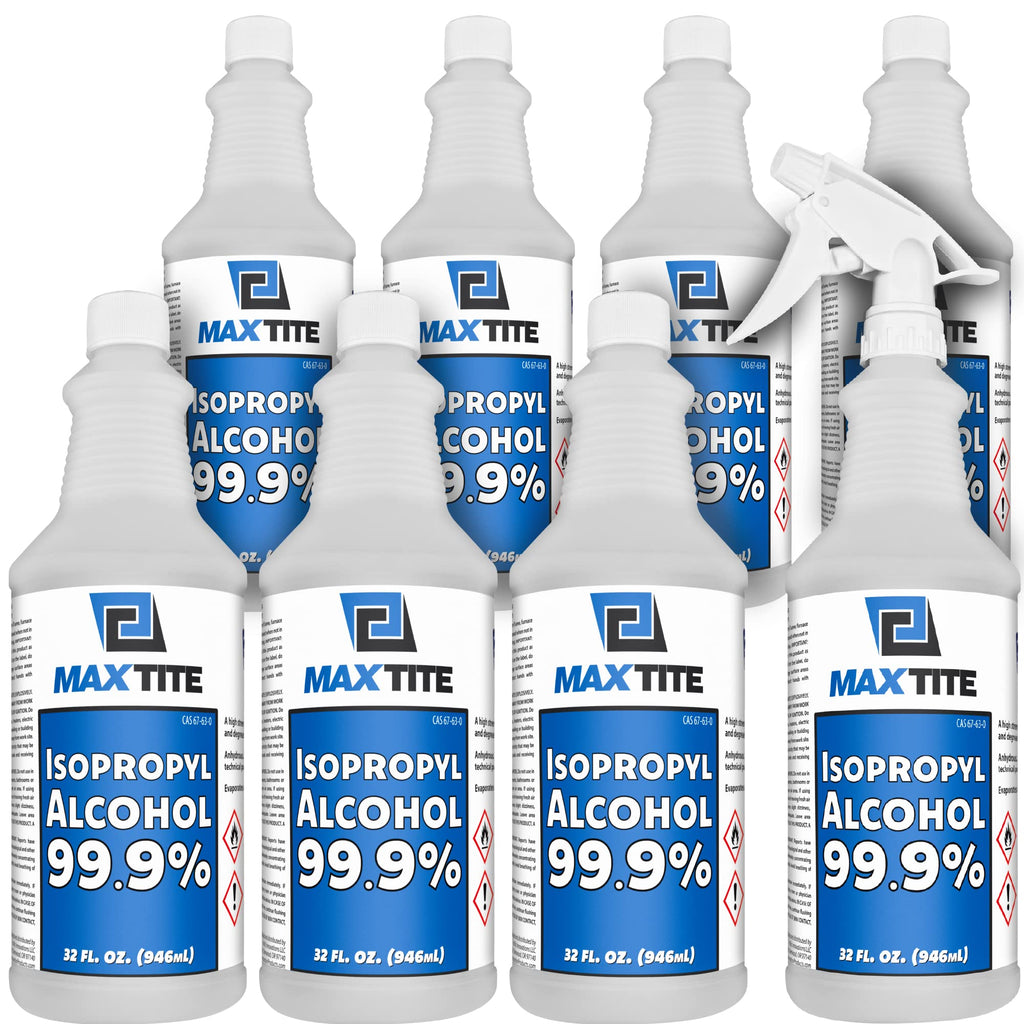 MaxTite 99.9% Isopropyl Alcohol (2 Gallons (8 Pack, 32 fl oz) - Includes Heavy-Duty Spray Nozzle - Made in USA