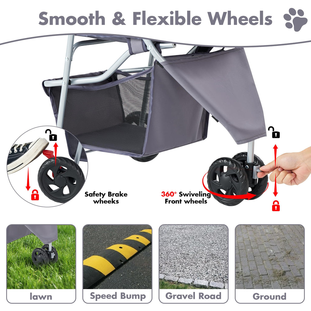 KMFurnila 3 Wheel Pet Stroller for Dogs and Cats, Foldable, Lightweight and Durable, Ideal for Small to Medium Pets, Includes Storage Basket and Cup Holders