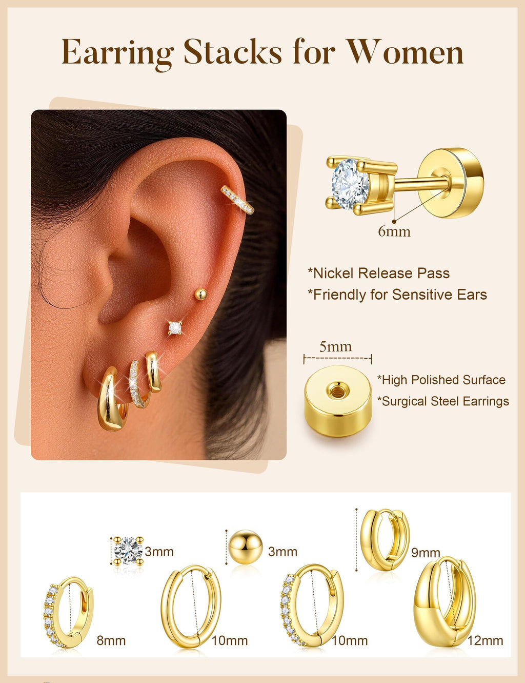 TURANDOSS Hypoallergenic Gold Hoop Earring Sets for Women Girls No Tarnish