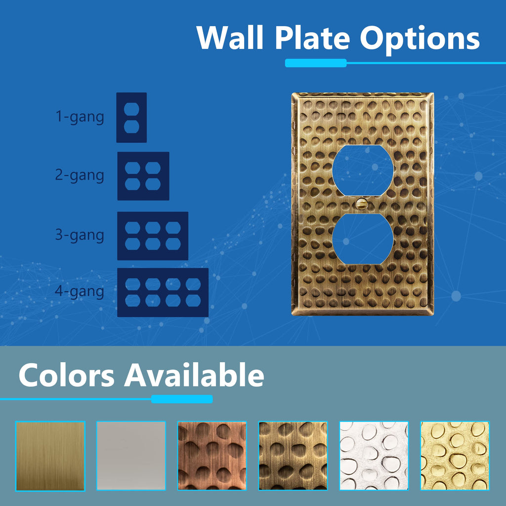 LIDER Duplex Receptacle Metal Wall Plate, Outlet Cover, Corrosion Resistant, Mid-Size 1-Gang 4.88" x 3.11", LMWP-21M-HAB, Steel, Hammered Antique Brass, 1-Pack
