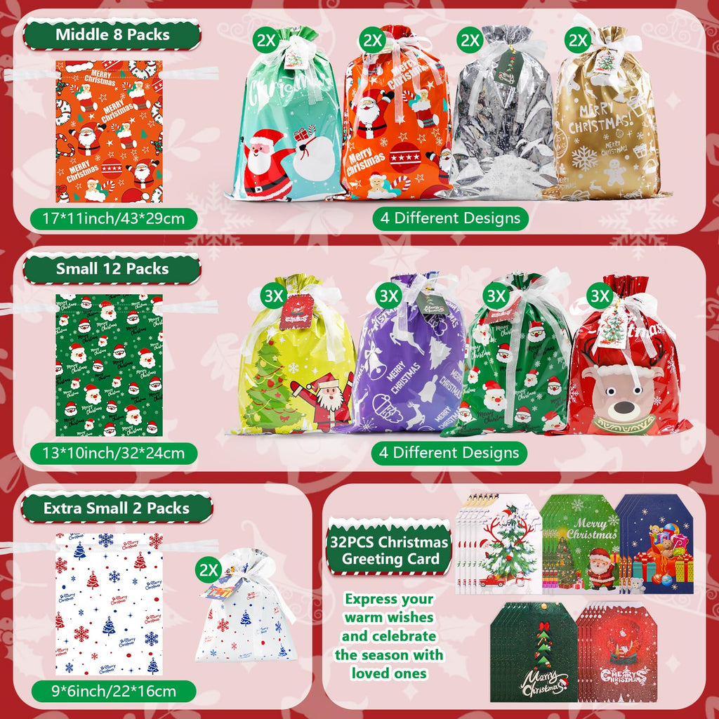 Koncci 32Pcs Drawstring Christmas Bags, Assorted Sizes Large Medium Small