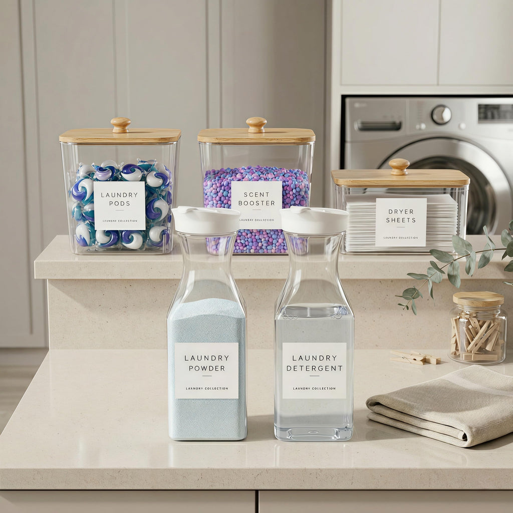 cocolanco 3+2 Pack Laundry Pods Containers & Dryer Sheet Holder & Laundry Detergent Dispenser, Laundry Room Organization and Storage Jars with Lids, Labels and Scoops for Scent Booster, Powder, Pods