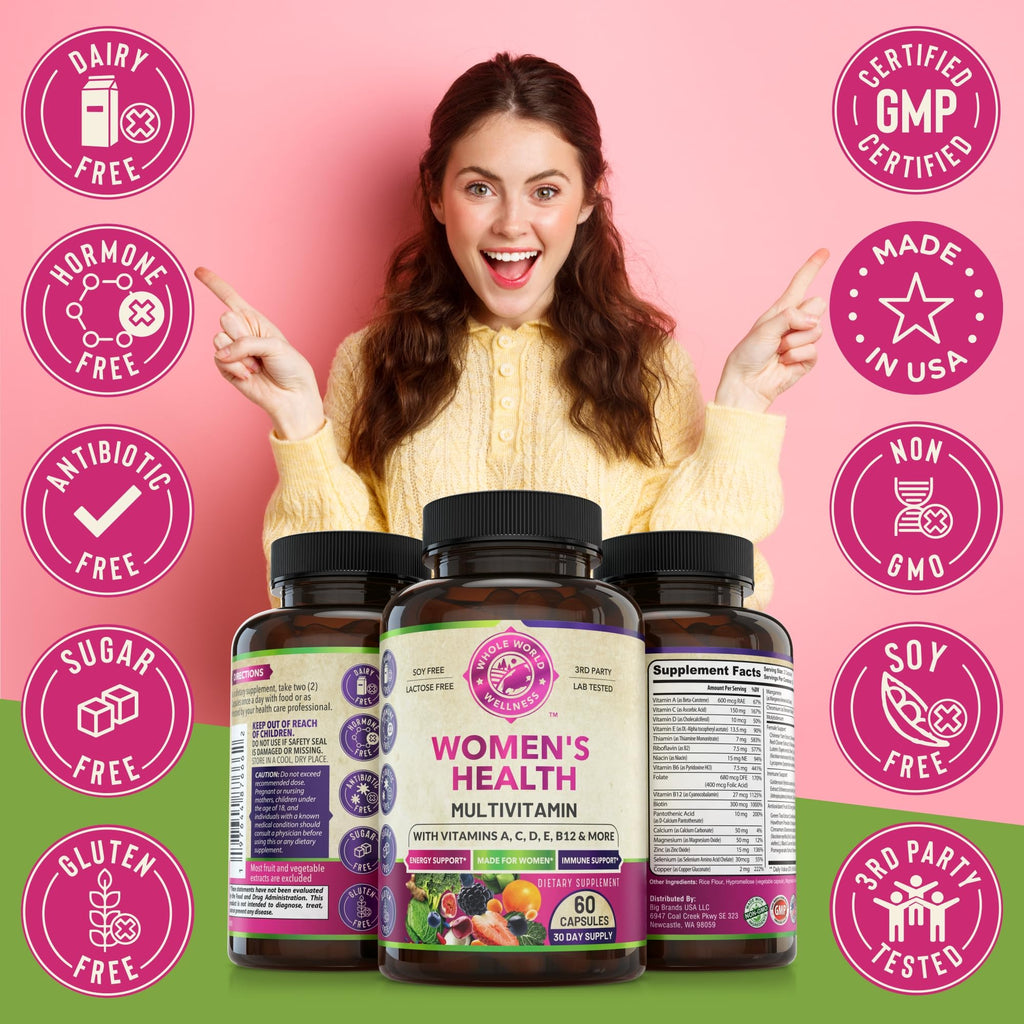 WHOLE WORLD WELLNESS Womens Daily Multivitamin Multimineral Supplement for Energy, Mood, Focus, Hair, Skin & Nails. Made for Women with 30+ Nutrients, Fruit & Energy Blend. Womens Vitamins, USA Made.
